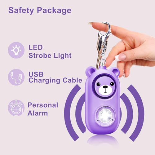 Personal Safety Alarm with LED Light, Rechargeable Cute Bear Design 130dB Self Defense Keychain Alarm, Emergency Security Alarm for Women Men Gilrs - color: Purple
