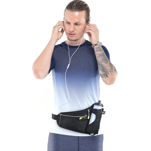 Water Bottle Waist Pack 2 Zippered Pockets – Reflective Running Belt for Hiking Cycling, Adjustable Breathable Mesh with Earphone Port(Black) - color: Black