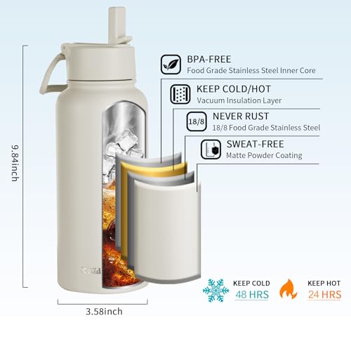 KXIAOCHEN Insulated Water Bottle with Strap, 48-Hour Cold, 2 Lids - color: Cream, size: 32 Ounces