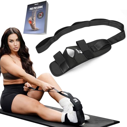 DMoose Fitness Foot & Calf Stretcher with Adjustable Padded Stretching Strap for Plantar Fasciitis, Hamstring, Heel Spurs and Achilles Tendonitis Relief - Yoga Leg Stretch Strap for Flexibility - color: Black Premium