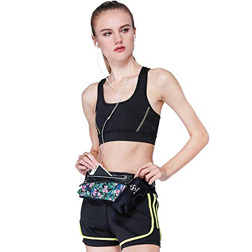 Running Belt Sport Waist Pack/Pouch w/Water Bottle Holder Hydration Fanny Pack Reflective Stripes Cellphone Storage Earphone hole for Dog walker Hiking Travel Adjustable (Tropical Flower Prints) - color: Tropical Flower Prints
