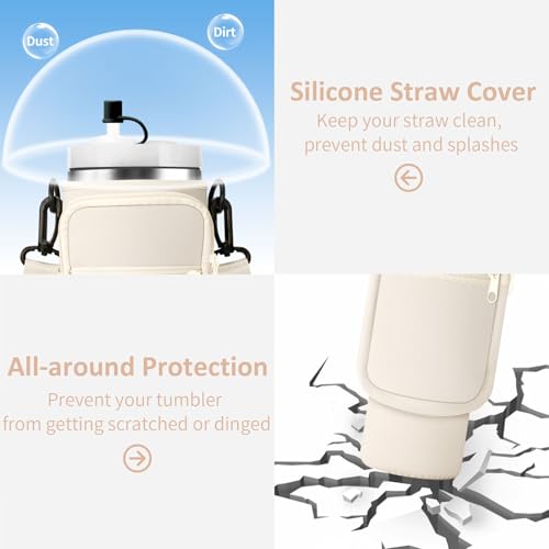 AceTreker Water Bottle Carrier Bag with Strap for Stanley 40/30 oz Tumbler Neoprene Insulated Cup Holder Sleeve with Phone Pocket & Straw Cover for Stanley Cup Accessories - color: 01-Cream, style: 30 Oz