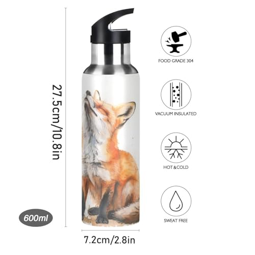 OTVEE Fox Water Bottle Sports Water Bottle Insulated Stainless Steel Hot Cold Water Mug with Straw Lid & Handle for Sports Gym 20 oz - color: Fox