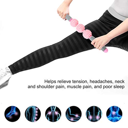 Muscle Roller Stick, Portable Yoga Massage Stick with 3 Spiky Balls for Deep Tissue Relief, Myofascial Release Massager for Legs Arms Back Shoulders Neck Pain Relief (Pink) - color: Pink