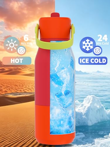 LAOION 23 oz Insulated Stainless Steel Water Bottle with Folding Handle - color: Red, size: 23 Ounces
