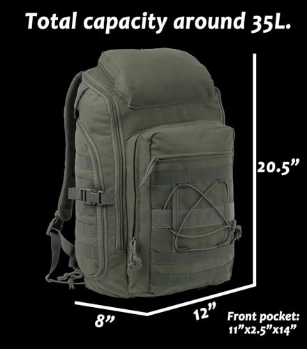 35L Tactical Backpack Military Rucksack MOLLE Quick-Access Flap EDC Pack for Hiking Camping Travel Work Bugout Emergency - color: Olive Green