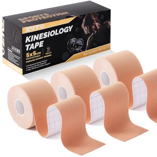 Kinesiology Tape (3 Rolls) - Acrylic Adhesive Muscle Tape - Waterproof, Breathable, Hypoallergenic for Muscle Support & Injury Recovery - Sports Tape, Athletic Tape (Beige) - color: Beige