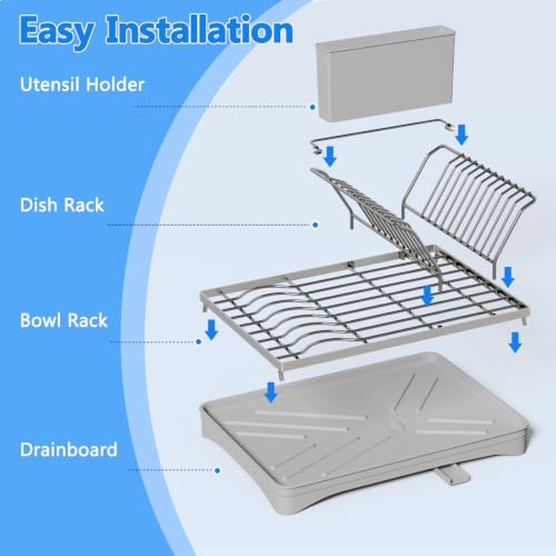 ANTOPY Dish Drying Rack Stainless Steel Dish Rack for Kitchen Counter, Rustproof Dish Drainer with Removable Cutlery Holder Self-Draining Drainboard, Compact Drying Rack Kitchen, 16.5''Lx11.8''W, Gray - style: Counter (Medium)
