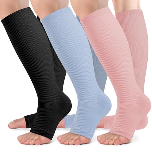 bropite Open Toe Compression Socks for Women，3 Pairs Toless Knee-High Socks - color: C-bbp Open, size: Small-Medium