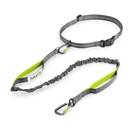 Tuff Mutt Hands-Free Waist Leash for Dog Walking, Running and Hiking, Carabiner Clip, Adjustable Belt with Double Handle, Reflective Bungee Design for Large & Medium Dogs - color: Carabiner/Green