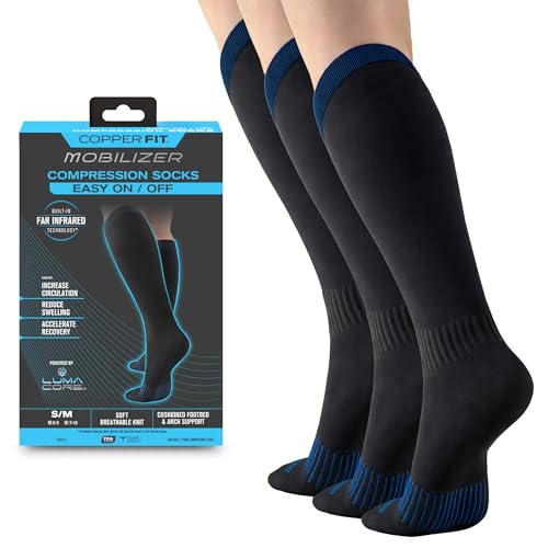 Copper Fit Mobilizer Compression Socks Easy On & Off Improves Circulation, Reduces Swelling for Men & Women, Work & Running - size: Small-Medium