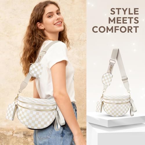 Cross Body Bag for Women Bum Bag Checkered Belt Bags Fanny Packs for Girls Travel Purse Fashion Waist Packs Crossbody Nylon Purse Trendy Shoulder Bags for Womens - color: Checkered Beige