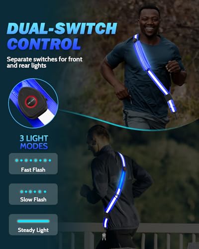 Fitense LED Reflective Belt Sash - 5 Lights Colors & 3 Light Modes High Visibility Night Safety Belt, Rechargeable Light Up Running Gear Adjustable Vest Straps for Runners Walkers Men Women - color: Blue, style: Pouch