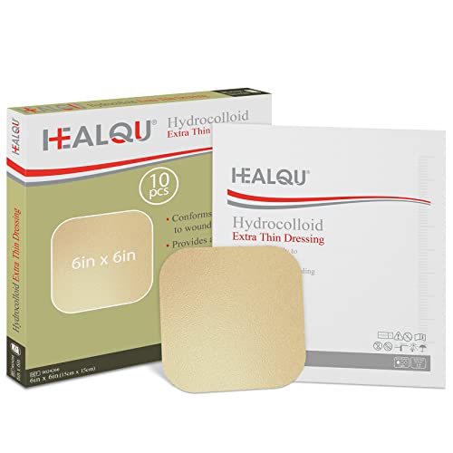 Healqu Hydrocolloid Wound Dressing - 6x6" Thin - Box of 10 Large Bandages - Sterilized Bordered Hydrocolloid Patches for Bed Sores, Abrasions, and More - Waterproof and Absorbent with Protective - size: 6x6" Thin - Box of 10