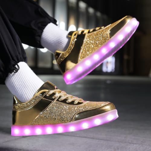 YuanRoad Unisex LED Light Up Shoes with USB Charging Glowing Luminous LED Sneakers - color: Glitter Dbgold, size: 9 Women/7.5 Men