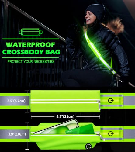Ylzzrs LED Belt Reflective Sash for Walking at Night,High Visibility Adjustable Night Running Safety Gear,Light Up Running Belt Reflective Gear with Phone Bag/Armband for Runners Walkers Men Women - color: Green