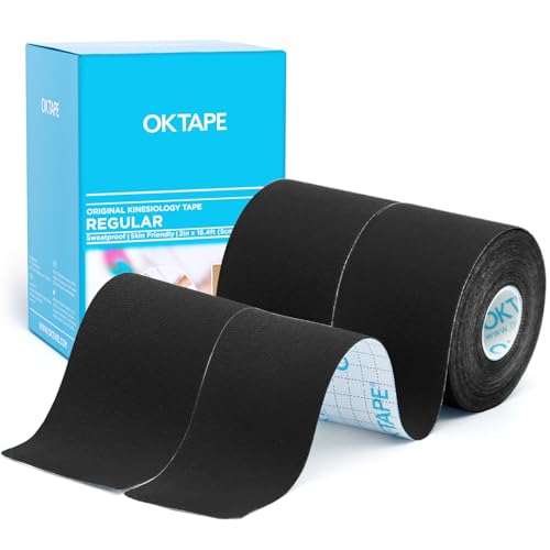 OK TAPE Kinesiology Tape (2 Pack) Latex Free Cotton Uncut 2in x 16.4ft - color: Black, size: 2 Rolls