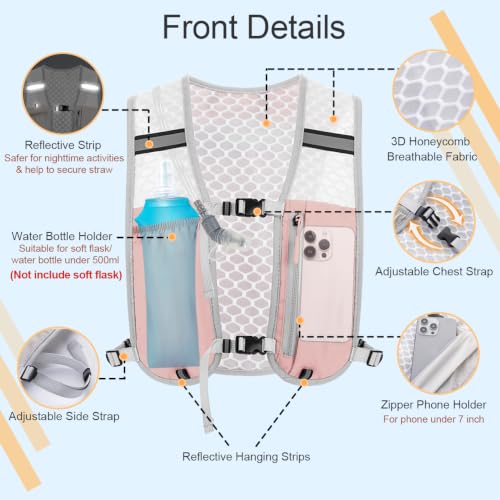 Running Vest Hydration Backpack for Men Women, Lightweight Breathable Hydration Packs, Adjustable Chest Straps Daypack, Reflective Water Running Vest for Marathon, Trail, Hiking, Cycling - color: Pink