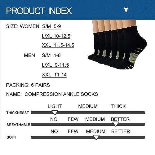 Sooverki Copper Compression Socks Women and Men 6 Pairs - Circulation Arch Support Plantar Fasciitis Running Ankle Socks - color: A4 - 6 Black, size: Large-X-Large