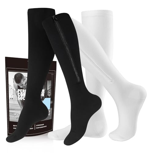 cerpite Zipper Compression Socks, 2 Pairs 15-20 mmHg Closed Toe Compression Stockings for Men Women - color: Black White, size: Small-Medium