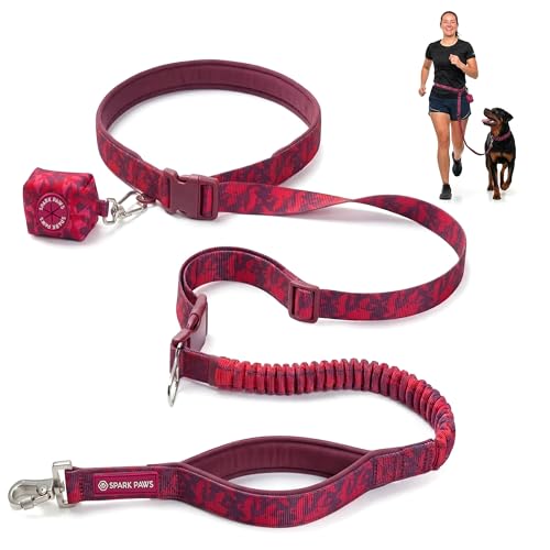 Spark Paws Hands Free Dog Leash - Bungee Waist Belt for Running & Walking - color: Fuchsia Camo