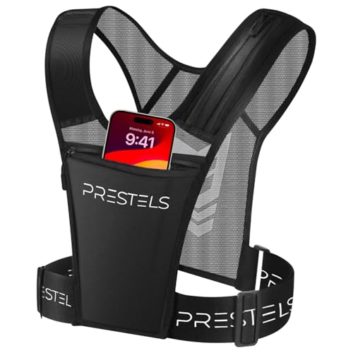 Running Vest Phone Holder for Men & Women, Reflective Running Chest Pack, Adjustable Breathable Vest with Multiple Pockets for Phone, Water Bottle, Keys & Essentials