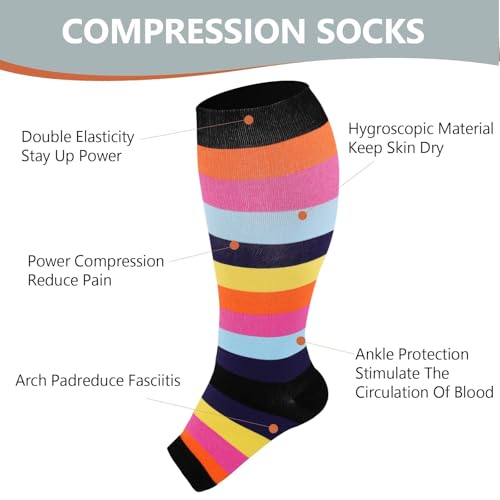 Abodhu Plus Size Compression Socks Open Toe Compression for Women& Men 15-20mmHg Wide Calf Knee High Toeless Compression Sock - color: Rainbow Stripes, size: 3X-Large-4X-Large