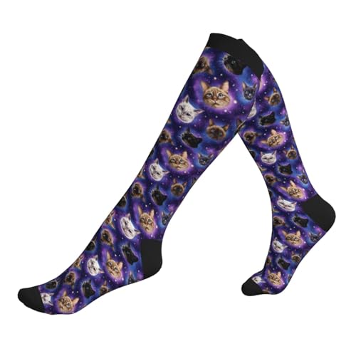 Compression Socks Women Knee High Support Circulation Stockings for Running Cycling Flying - color: Galaxy Cat