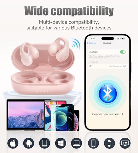Kinglucky i21 Open Ear Clip On Earbuds Wireless Bluetooth Ear Clip Headphones with Mic,Noise Cancelling, Waterproof IPX4,for Small Ears,Perfect for Running,Sports,Glasses Wearers (Pink) - color: Pink