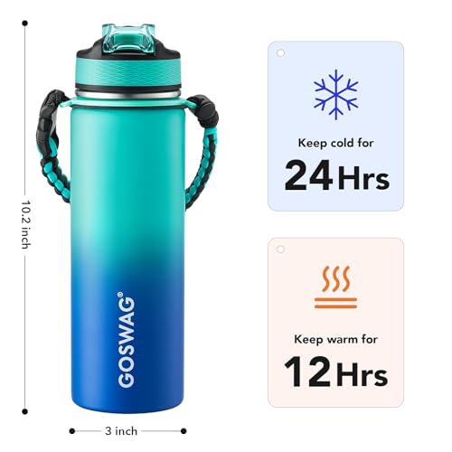 GOSWAG 24oz Insulated Stainless Steel Travel Water Bottle, 2 Lids - color: Green-Blue Ombré