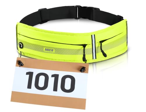 MIER Running Belt for Women & Men, Fanny Pack with Marathon Bib Clip, Neon - color: Neon Yellow