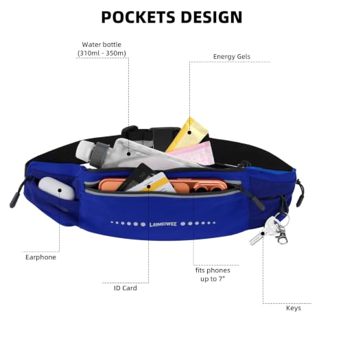 Lightweight Running Belt, Water-Resistant Waist Pack for Women & Men, 4-Zone Organization Fits Up to 7" Phone, Reflective Strips Design for Marathon Training, Jogging, Hiking, Commuting - color: Blue