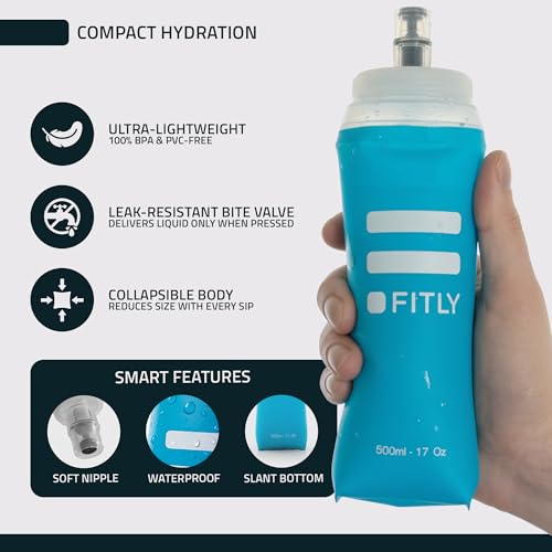 FITLY Soft Flask Running Water Bottle - Collapsible Hydration Flask - color: Blue, size: 17 Ounces