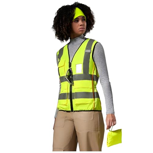 A-SAFETY High Vis Safety Vest for Women - Reflective Strips, Multi-Pockets, Zipper Closure - color: Yellow, size: Small