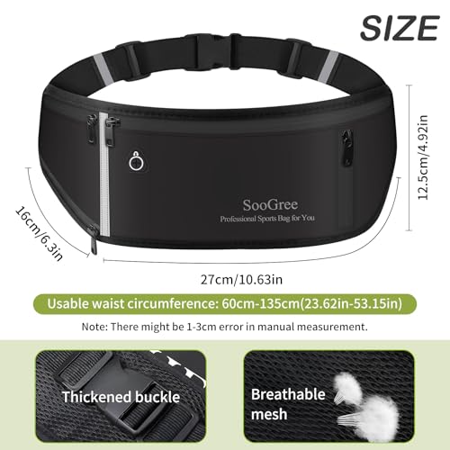SooGree Fanny Packs for Women Men Slim Running Belt Waist Pack Runners Bag Waterproof Money Belt Phone Holder for Sports Hiking Traveling Walking Reflective Strip Adjustable Strap - color: Black, size: 1191