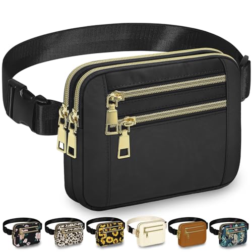 Capolo Fanny Packs for Women 4 Zip Pocket Crossbody Belt Bag Waist Bags - color: Black, size: Large