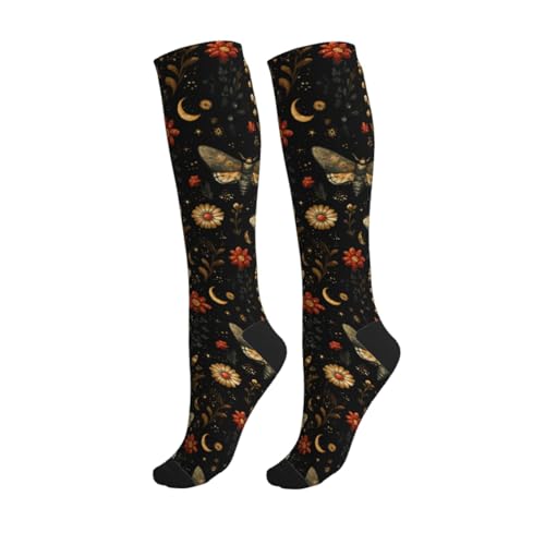 Cute Compression Socks Knee High Support Stockings Women Men - color: Moon Moth Flower