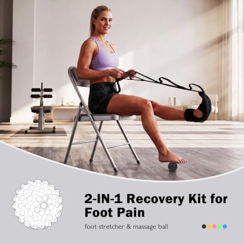 Calf Stretching Strap for Plantar Fasciitis, Foot Stretcher Night Splint for Heel Spurs, Foot Drop, Achilles Tendonitis & Hamstring, Yoga Foot & Leg Stretch Strap with Black Massage Ball - color: Black with Black Ball