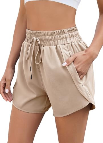 Halife Women's High Waisted Quick Dry Athletic Running Shorts with Pockets - color: Khaki, size: Medium