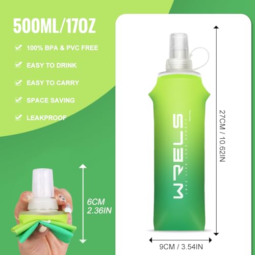 WRELS TPU Soft Flask Lightweight Portable Reusable Water Bottle,BPA Free Collapsible Flask for Hydration Pack in Running Hiking Cycling and Marathon - color: Green-500ML*2