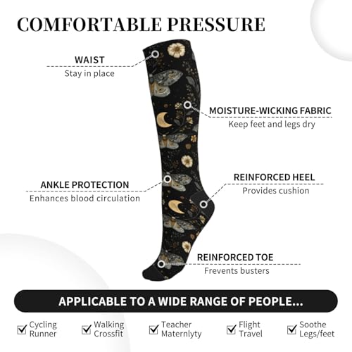 Cute Compression Socks Knee High Support Stockings Women Men - color: Moth Flower Moon