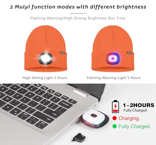 ATNKE LED Lighted Beanie Hat,USB Rechargeable 4 LED Red and Blue Flashing Running Headlamp Cap Gifts for Men and Women - color: #Bright Orange