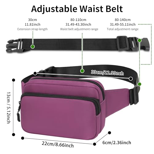 Fanny Pack Nylon Mini Belt Bag Everywhere Belt Bag for Women Water Repellent Waist Packs Crossbody Bags with Adjustable Strap - color: Purple