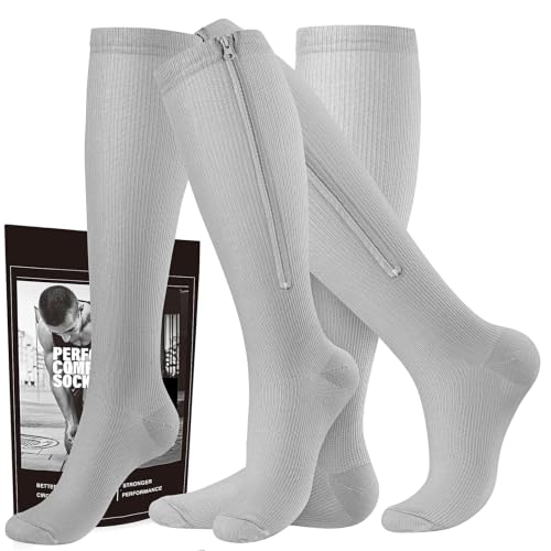 cerpite Zipper Compression Socks, 2 Pairs 15-20 mmHg Closed Toe Compression Stockings for Men Women - color: Grey-closed-toe, size: Small-Medium