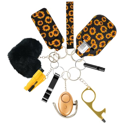 10PCS Accessories Keychain Set for Women with Safety Alarm Key Chain,Whistle and Wristlet KeyChain Set - color: Yellow