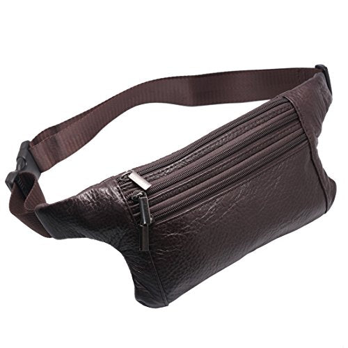 Triple Pocket fanny pack Genuine Leather waist bag slim shoulder bag Hip Purse Adjustable Belt strap Casual Pouch Outdoor Day bag (Brown) - color: Brown