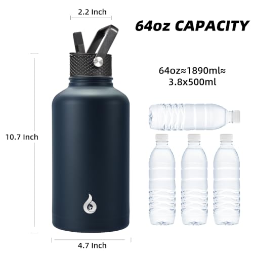 BJPKPK 64oz Insulated Water Bottle, Half Gallon Water Jug with Straw Lid - color: Navy Blue, size: 64 Ounces