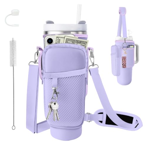 Water Bottle Carrier Bag for Stanley Cup 40oz/30oz with Phone Pocket, Neoprene Water Bottle Holder with Adjustable Shoulder & Handle Strap, Stanley Cup Accessories for Walking Travel Gym - color: Purple