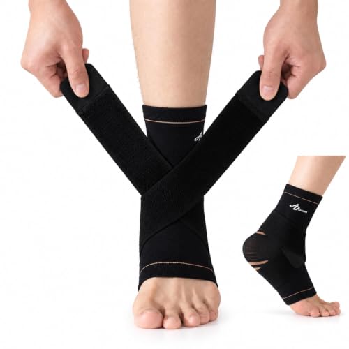 ABIRAM Copper-Infused Ankle Brace Compression Sleeve with Adjustable Strap - color: Copper Black, size: Small