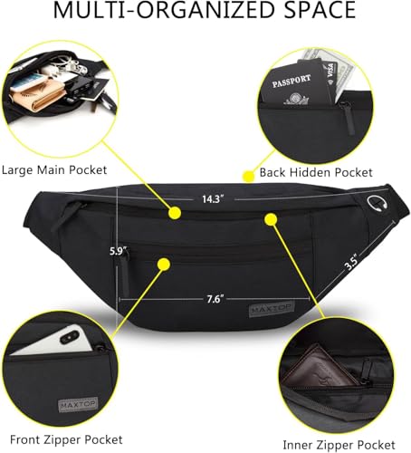 MAXTOP Large Fanny Pack for Women Men Crossbody Bag with 4-Zipper Pockets - color: Black, size: Large